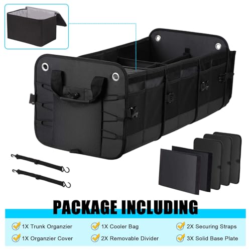 Large Trunk Organizer for Car, SUV, Truck with Removable Cooler Bag-Collapsible Multi Compartments w/Foldable Cover, Non Slip Bottom Cargo Storage (Black) - size: Five Compartment