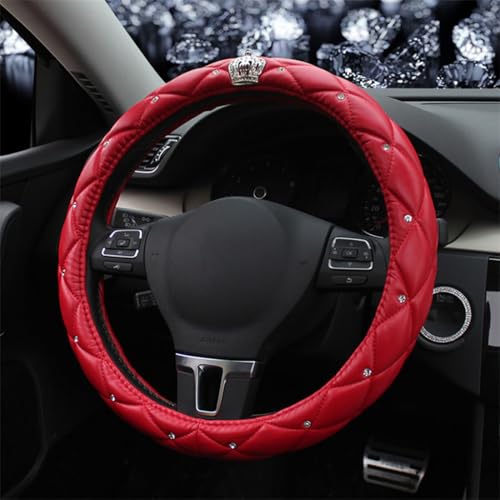 Leather Bling Steering Wheel Cover for Women Car Steering Wheel Protector Anti-Slip Universal Fit 14 1/2-15 inch-Red with Crown - color: Red with Crown