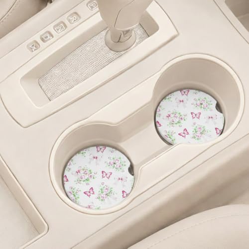 Ceramic Car Coasters, 2 Pack, 2.64" Absorbent Car Cup Holder Coasters, Cute Ceramic Car Coasters for Women, Butterfly Rose & Bow Pattern - color: Butterfly Rose Bow