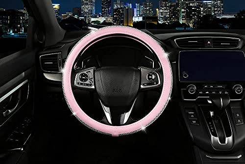 Bling Diamond Leather Steering Wheel Cover, Pink Steering Wheel Covers for Women Girls with Crystal Rhinestones, Universal Fit 14.5โ-15" Car Steering Wheel Bling Cover Accessories - color: Crystal White Diamond
