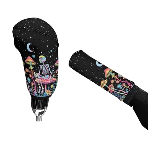 Skull Mushroom Moon Print Gear Shift Knob Cover Set with Handbrake Cover, Stretchy Universal Car Accessory
