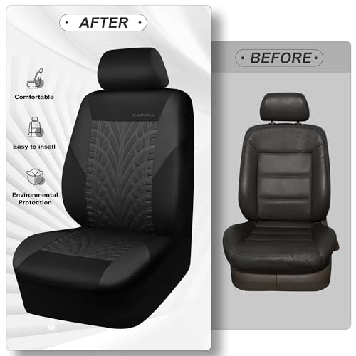 CAR PASS Emboss Tyre Front Seat Covers, Universal Fit Elastic Breath Premium Cloth seat Covers Front Seats only for Truck SUV Sedan, Airbag Compatible, Charcoal on Black - color: Black and Charcoal, size: Two Front