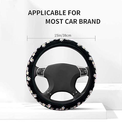 Embroidered Cute Daisy Black Steering Wheel Cover,Flower Steering Wheel Cover Protector for Women,Universal Fit Most Cars -15 inch - color: Black