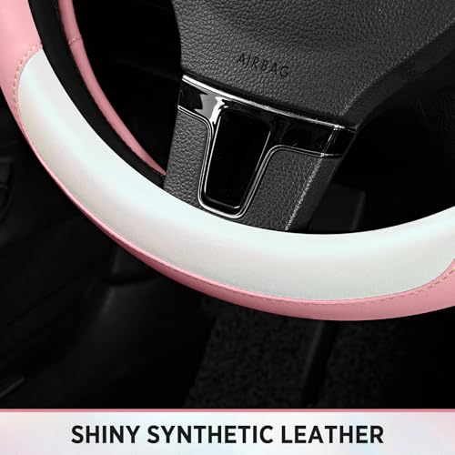 Road Comforts Steering Wheel Cover – Breathable Leather Steering Wheel Cover, Anti-Slip Grip, Universal Fit 14.5” to 15”, Heat & Cold Resistant for Cars, SUVs, and Trucks –Shining White & Pink - color: White&Pink