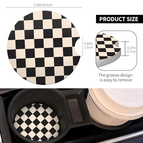 2 Pack Universal Ceramic Car Coasters,Ceramic Stone with A Finger Notch for Easy Removal of Car Cup Holder Coaster(Black Beige Plaid) - color: Black Beige Plaid