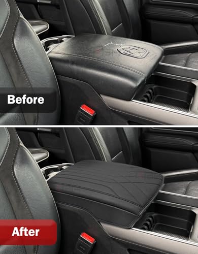 KBH Center Console Armrest Cover for 2019-2026 Dodge Ram 1500 2500 3500 5th Gen, Arm Rest Cushion Pad Protector, Vinyl Leather, Black (Fits Bucket Seat Only) - color: Black Stitch