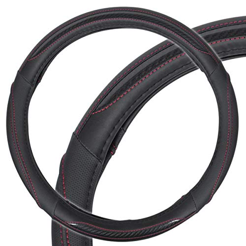 BDK UltraSport Steering Wheel Cover - Perforated Microfiber Leather with Carbon Fiber Detail & Contrast Stitching Black w/Red Stitching