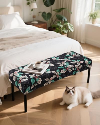 Fuloon Stretch Bench Cover, Anti-Dust Removable Dining Bench Slipcover Washable Seat Cushion Protector for Bedroom, Kitchen, Hotel, Banquet, Green Black Flower - color: Flower Green Black