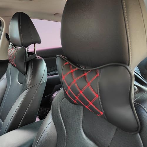 2 Pack Car Neck Pillow PU Leather Automotive Headrest Pillow for Car Support Neck Pain Relief Universal Car Pillow (Red Black) - color: Red Black