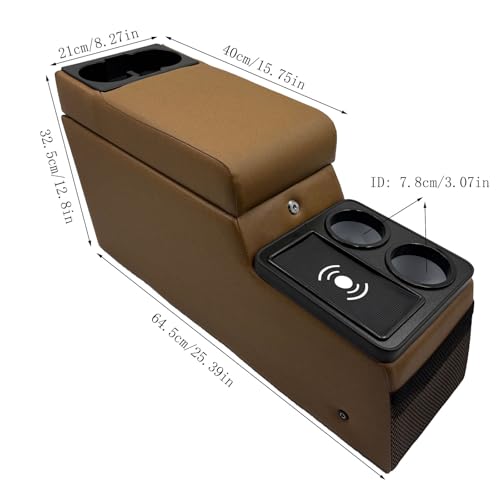 Truck Center Console Truck Seat/Bench Organizer with Wireless Charging and Holder Cups for Jeep CJ5 1976-1983,Jeep CJ7 1976-1986,Jeep Wrangler(YJ) 1987-1995 (Brown) - color: Brown