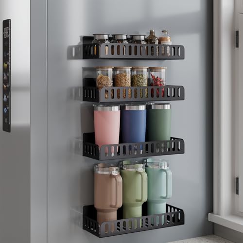 4 Pack Magnetic Stanley Cup Holder for Fridge(Holds 8-12),Heavy Duty Carbon Steel Tumbler Organizer Water Bottle Holder for Stanley Yeti Owala Cups ,Multipurpose Magnetic Shelf for Refrigerator