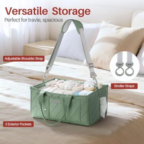 Baby Essentials Diaper Caddy Organizer – Portable Storage Basket with Shoulder Strap & Stroller Hooks, Splashproof Quilted Nursery & Car Tote, Gender Neutral Gifts for Baby Shower, Sage Green