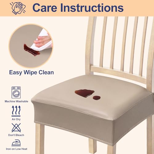 Smiry Waterproof Pu Leather Seat Covers for Dining Room Chairs Set of 4, Stretch Fit Removable Washable Kitchen Chair Seat Slipcovers Protector, No Rear Covers, Taupe
