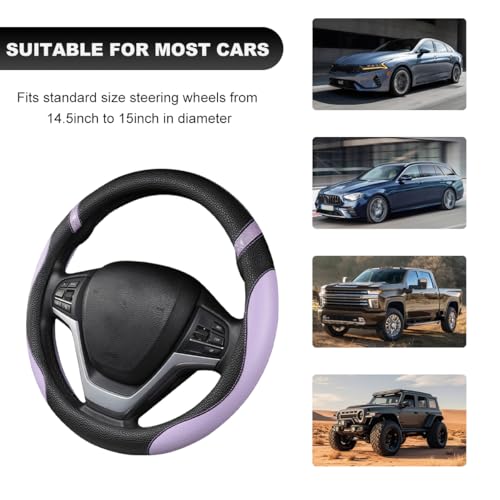 Car Steering Wheel Cover, 15 Inch Premium Leather Breathable Non-Slip Wheels Wrap, Universal Auto Comfortable Steering Wheel Protector for SUV Truck Van, Car Accessories (Purple)