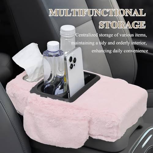 wuyaoyao Car Center Console Armrest Pillow, 13.78"×7.87"×2.76" Soft Plush Arm Rest Cover for Cars, 5-in-1 Warm Fluffy Auto Armrest Cushion Pad w/Pocket, Tissue Box, Cup Holder (Pink) - color: Pink