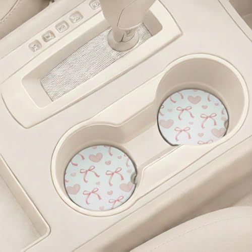 Ceramic Car Coasters, 2 Pack, 2.64" Absorbent Car Cup Holder Coasters, Cute Ceramic Car Coasters for Women, Heart Bow Pattern - color: Heart Bow