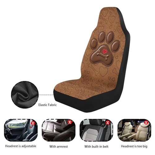 Dreaweet Dog Paw Car Seat Covers Brown 2 Piece Universal Washable Car Seat Cover Front Seats Only Cute Car Accessories Interior Easy to Install - color: Dog Paw Brown