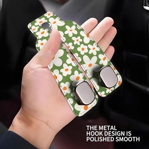 Car Seat Headrest Hook, Universal Leather Cute Hanger Holder Hook, Storage Organizer Interior Accessories for Purse Bags Handbag Cute Green Daisy