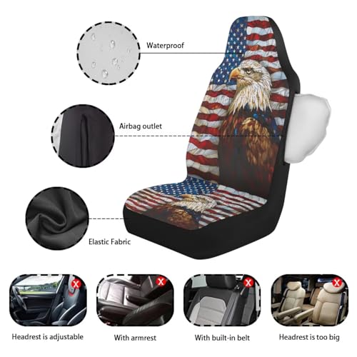 2 Piece Front Car Seat Cover, Eagle American Flag Print Waterproof Car Front Cushion Protector, Airbag Compatible Auto Front Seat Cover, Universal Fit Auto Interior Accessories - color: Red and White - Eagle American Flag