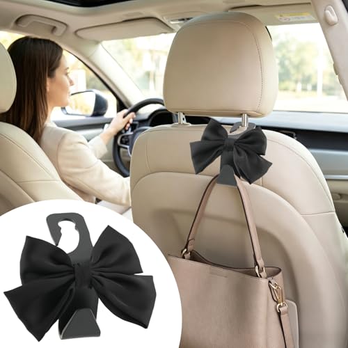 2Pcs Bow Car Headrest Hooks, Durable PVC Seat Back Organizer Hooks, Car Interior Decor Accessories, Multi‑Use for Bags and Umbrella, Universal for Cars, SUV, Truck (Black)