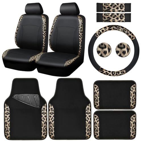 CAR PASS Leopard Print Faux Leather Car Seat Covers & Leopard Car Mats&Leopard Steering Wheel Cover Seat Belt Universal Car Accessories for SUV,Van,Saden,Truck Automobile Interior Sets(Gold Black) - color: Leopard Gold combo