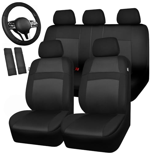 CAR PASS Universal 13PCS 3D Air Mesh Car Seat Covers -100% Breathable Seat Covers Full Sets Steering Wheel and Belt Cover Airbag and Rear Split Bench Compatible for Automotive SUV Truck (Pure Black) - color: Black, size: Full set