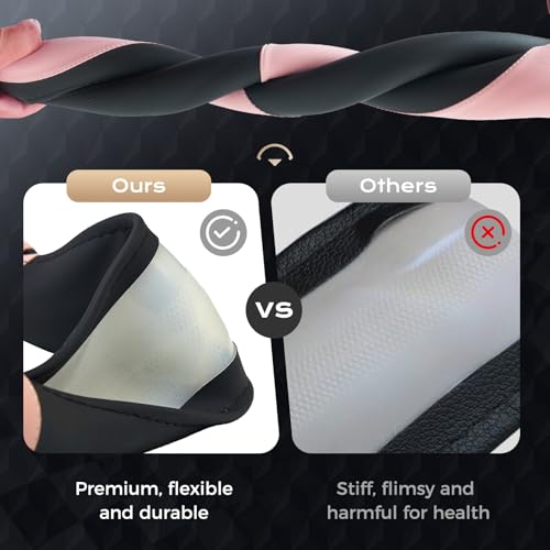 Coverado Car Steering Wheel Cover, Nappa Leather Black & Pink Steering Wheel Covers for Women, Universal 14-15 inch, Anti-Slip, Breathable Steering Wheel Protector - color: B-BlackPink