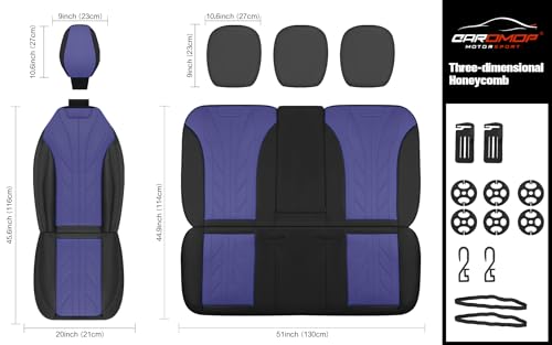 Luxury Faux Leather&Fabric Car Seat Covers Full Set with Breathable 3D Foam Back Support,Universal Comfortable Seat Covers for Cars,Trucks,SUVs, Front Armrests Compatible(5-Seat Black/Blue)