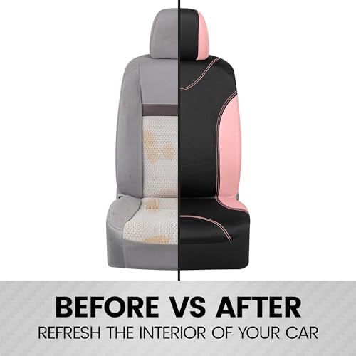 BDK UltraSleek Pink Seat Covers for Cars, Two-Tone Front with Matching Back Car Seat Cover, Made to Fit Most Auto Truck Van SUV, Interior Car Accessories, Full Set - color: Pink