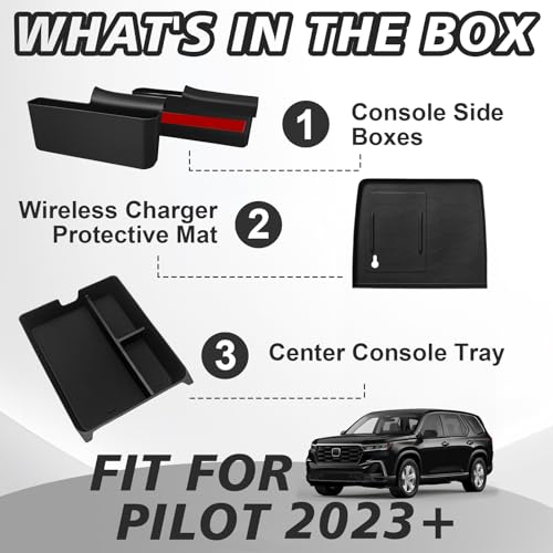 Muslogy for 2023+ Pilot Center Console Organizer&Wireless Charger Protective Mat&Shifter Storage Box Left & Right Set Compatible with Honda Pilot 2023-2026 Accessories Console Side Inserts Organizer - size: Console & Shifter Organizer & Charge Pad Mat