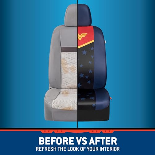 Warner Bros DC Comics Wonder Woman Car Accessories Seat Covers - Front Pair Includes Removable Head Cover, Matching Seat Belt Pads, Side Airbag Compatible, Universal Fit, Waterproof - size: 2 Front, style: Wonder Woman
