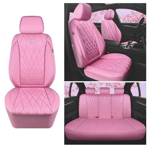 CAR PASS 5 Seats Piping Luxury Leather Seat Covers Full Set, Anti-Slip Waterproof Seat Covers Compatible with Front Armrests, Universal Fit for Suvs,Vans,Trucks,Airbag Compatible, Pure Pink - color: Pink, size: Full Set