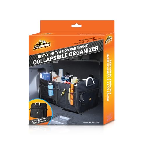 Armor All Car Trunk Organizer, Collapsible Multi-Compartment Car Organizers with Strong Aluminum Handles Foldable and Waterproof, Suitable for Any Car, SUV, Mini-Van, Black