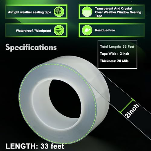 Qoqooice Transparent Window Weather Sealing Tape 2 Inch x 33 FT Weather Stripping Residue-Free Clear Window Insulation Tape for Doors Windows and Shower Glass Gaps