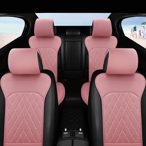 Front Car Seat Covers - Leather Seat Covers with Storage Pocket and Two Belt Pads, Anti-Slip Waterproof Universal Seat Covers for Cars Fit Cars Trucks SUV(Pink,2 Pack) - color: Pink
