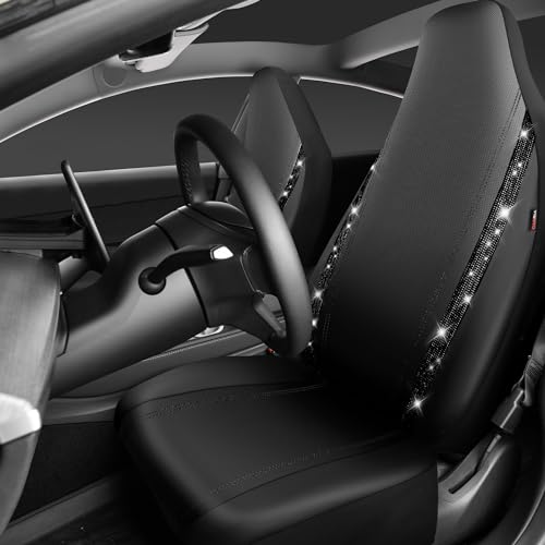 CAR PASS Leather Car Seat Covers High Back Bucket Bling Diamond Front Seats, Waterproof Universal Shining Glitter Crystal Sparkle Fit Model 3 Tesla Model Y, Truck SUV Cute Women Girl, Black Rhinestone - color: Black Rhinestone, size: Two Front Seats