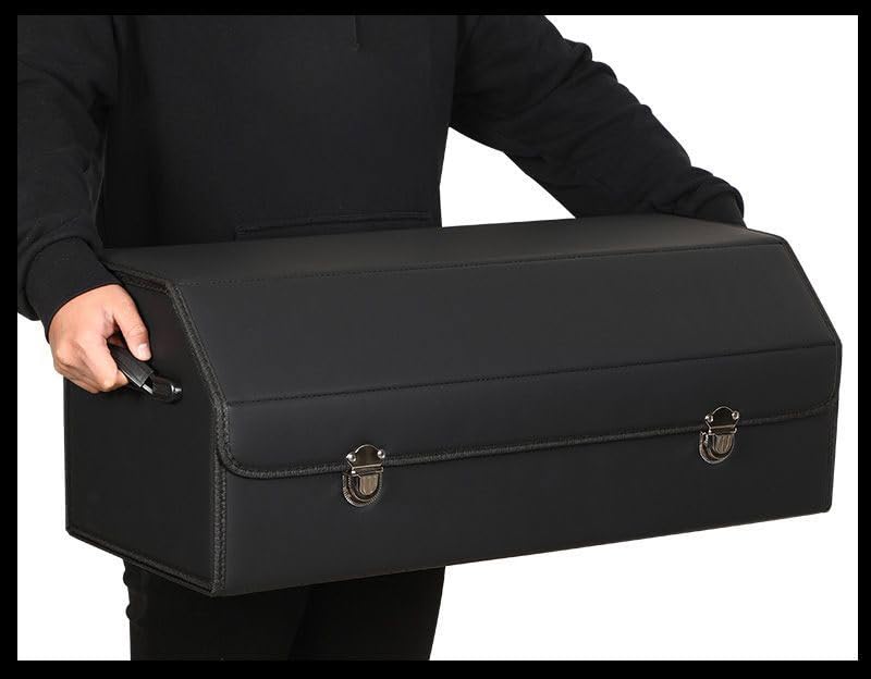 Leather Storage Box Car Trunk Organizer for Trunk SUV Sedan, Leather Foldable Storage Box with Lid (Black 14.9" L*12.2" W*11.8" H) - size: Black 14.9"L*12.2"W*11.8" H
