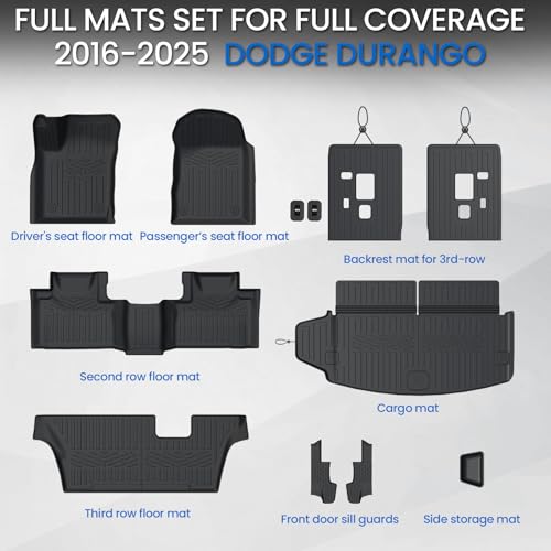 Floor Mats Set for 2016-2026 Dodge Durango (Only for 7 Seats with Bench Seats), All Weather TPE Backrest Mat Trunk Mat Cargo Liner Door Sill Guards Accessories (7 Seats Floor Mats Set)