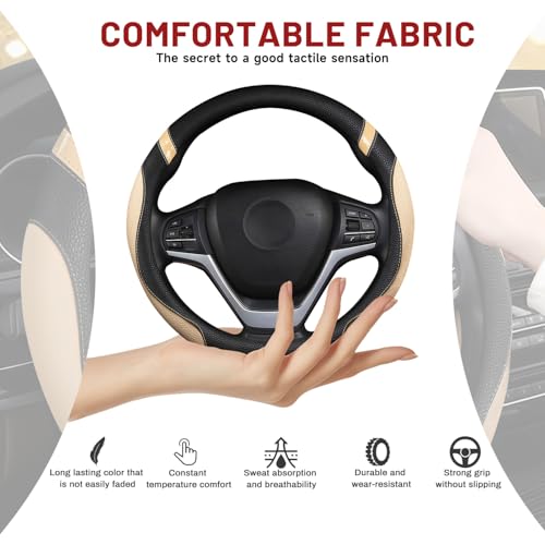 Cxtiy Pickup Truck Steering Wheel Cover – Sporty Fahsion Non-Slip Premium Leather Universal 15.5-16 Inch Steering Wheel Grip Set for Men Women (Beige) - color: Beige