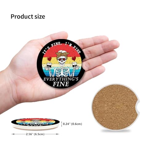 Funny Skull with Coffee Ceramic Cup Holders Car Coasters Set for Women/Men,2.56" 2 Pack for Absorbent Cup Car Holders, Coasters with A Finger Notch - color: Funny Skull With Coffee