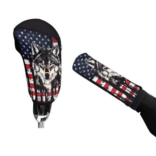 Wolf American Flag Printed 2 Pcs Car Handbrake Cover and Gear Shift Protector Sets for Women and Men, Soft Stretchy Car Handbrake Protector and Gear Shift Knob Cover, Universal Fits - color: Black and Red - Wolf American Flag