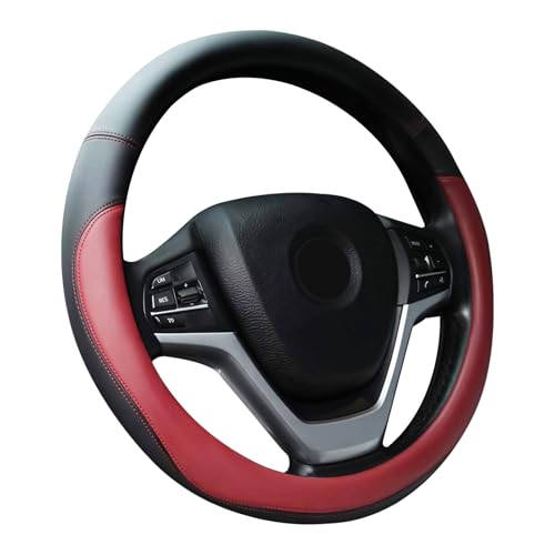 Wine Red Car Steering Wheel Cover, Nappa Leather, Bottom Color Blocking, Universal 14.5-15 Inch Leather Anti-Slip Breathable Auto Steering Wheel Covers for Men Women - color: Wine Red