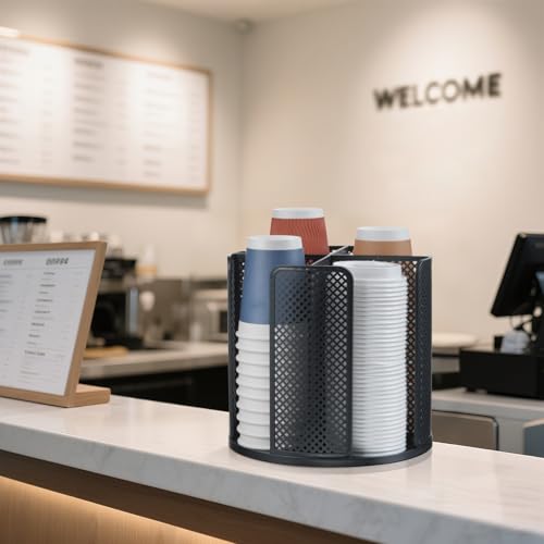Cup and Lid Organizer, 360° Rotatable Coffee Cup Holder for Disposable Plastic and Paper Cups of 5 to 16 oz, 4 Compartments Detachable Countertop Cup Dispenser Coffee Station, Black - color: Black