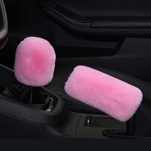 6pcs in 1 Set Fluffy Faux Wool Steering Wheel Cover & Soft Handbrake Cover & Gear Shift Cover & 2pcs Seat Belt Shoulder Pads & Center Console Cover Warm Universal Fit (Pink) - color: Pink
