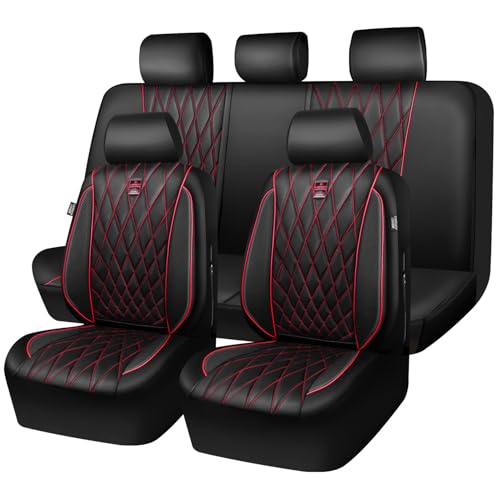 CAR PASS Piping Luxury Leather Seat Covers Full Set,5 Seats Anti-Slip Waterproof Seat Covers Compatible with Front Armrests,Universal Fit for Sendan SUV Van Truck,Airbag Compatible,Black and Red - color: Black with Red, size: Full Set