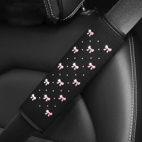 Bling Car Seat Belt Cover, 2PCS Rhinestone Cute Bow Comfort Vehicle Seatbelt Shoulder Pad, Diamond Automotive Interior Harness Neck Cushion Protector Accessories, Universal Fit (Pink)