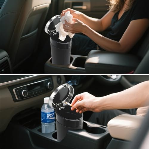Car Trash Can Bin with Lid - 2 Pack, Leakproof Garbage Can for Vehicle, Mini Trash Bin with 180 Attached Trash Bags, Easy to Clean Cup Holder Trash Can for Car, Home, Office - color: Black&Silver 2