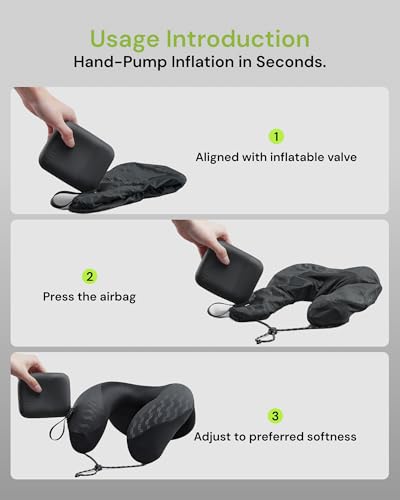 BENEUNDER Travel Neck Pillow for Airplane, Inflatable Compact 360°Head Support Pillow, Comfortable Breathable Cover for Travel, Train,Car with Storage Bag, Black