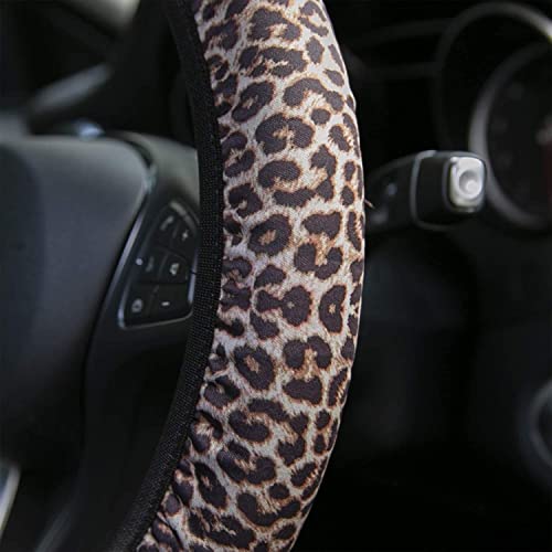 4 Pieces Leopard Cheetah Print Steering Wheel Cover Set with Car Cup Holder & Quarter Keyring, Universal Fit 14-15.5 inches, Leopard Cheetah Print Car Accessories Set - color: Leopard