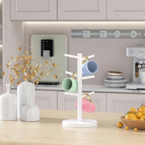 Wisuce Bamboo Coffee Mug Holder Tree, Thicker Base Coffee Cup Holder Stand for Countertop, Tabletop Mug Rack Organizer with 6 Hooks (White) - color: White